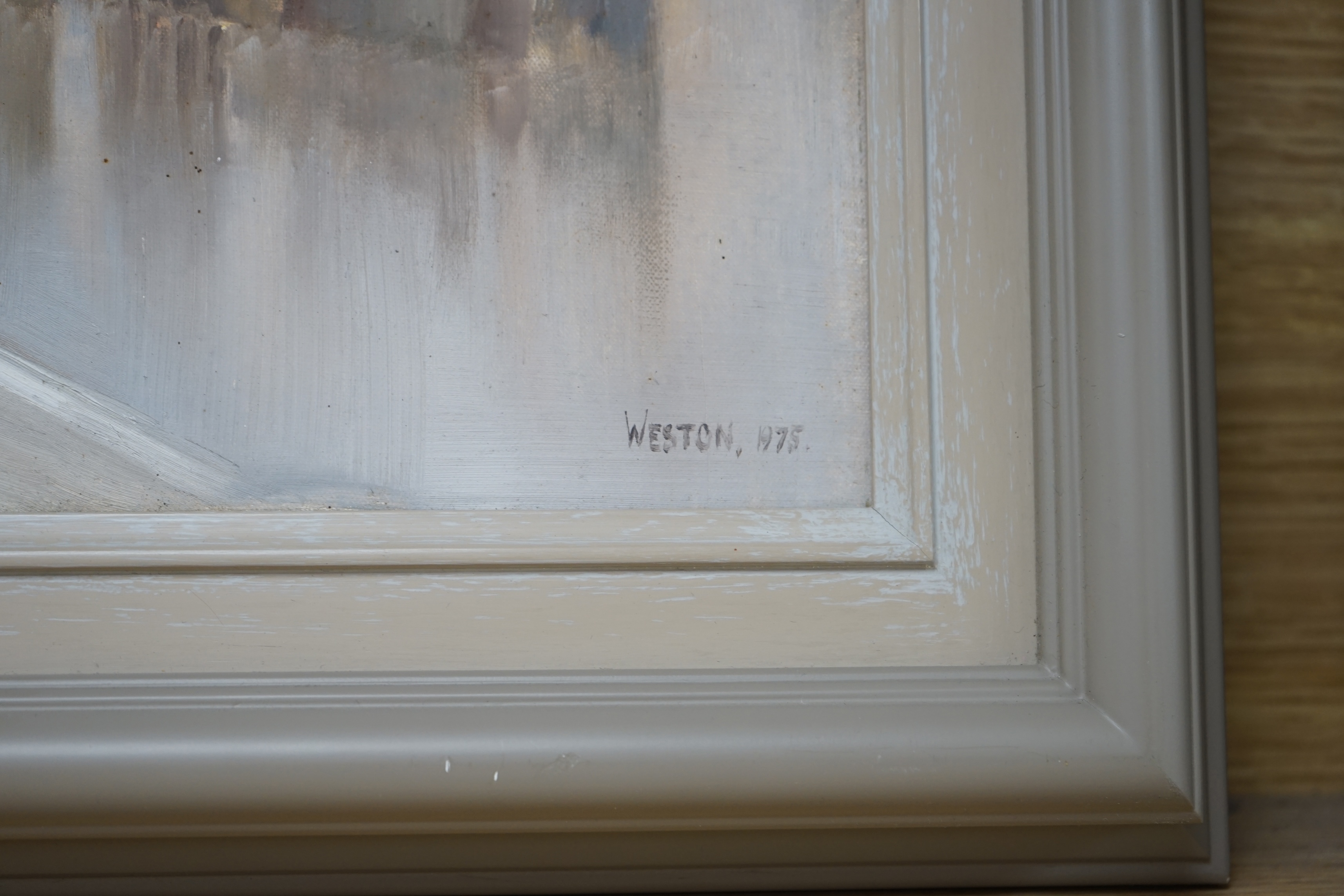 David Weston (1935-2011), oil on canvas, 'View of the Trent and Mersey Canal, Newark', signed and dated 1975, 29 x 39cm. Condition - good, would benefit from a clean